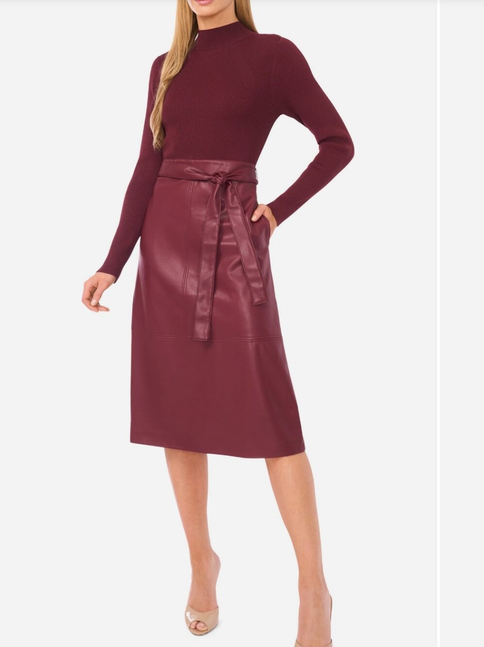 TED BAKER Size Large Port Red Faux Leather Long Sleeve Mock Neck Dress Msrp $395